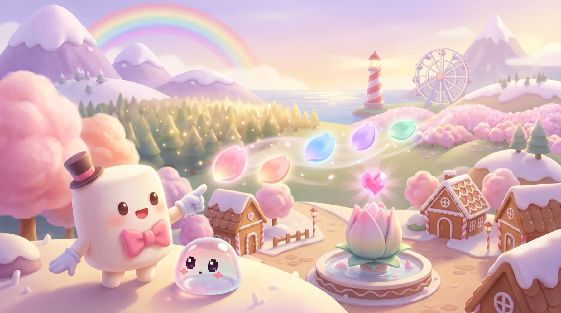Storybook illustration of Snucci Springs: Mayor Mallow, a marshmallow in a tiny top hat and pink bow tie, points at five glowing Bloom Petals swirling away from the lotus fountain across the valley, past the forest, the lighthouse, the blossom hills and the Ferris wheel, while a little snucci watches