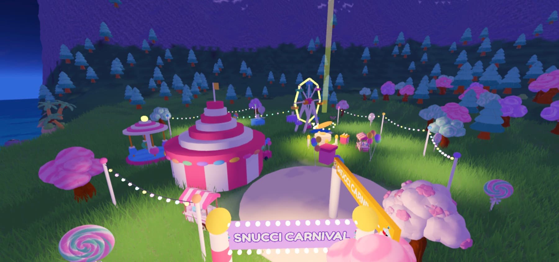 Snucci Carnival at night: string lights glowing around the big top, the light-up entrance arch and the ferris wheel outlined in yellow
