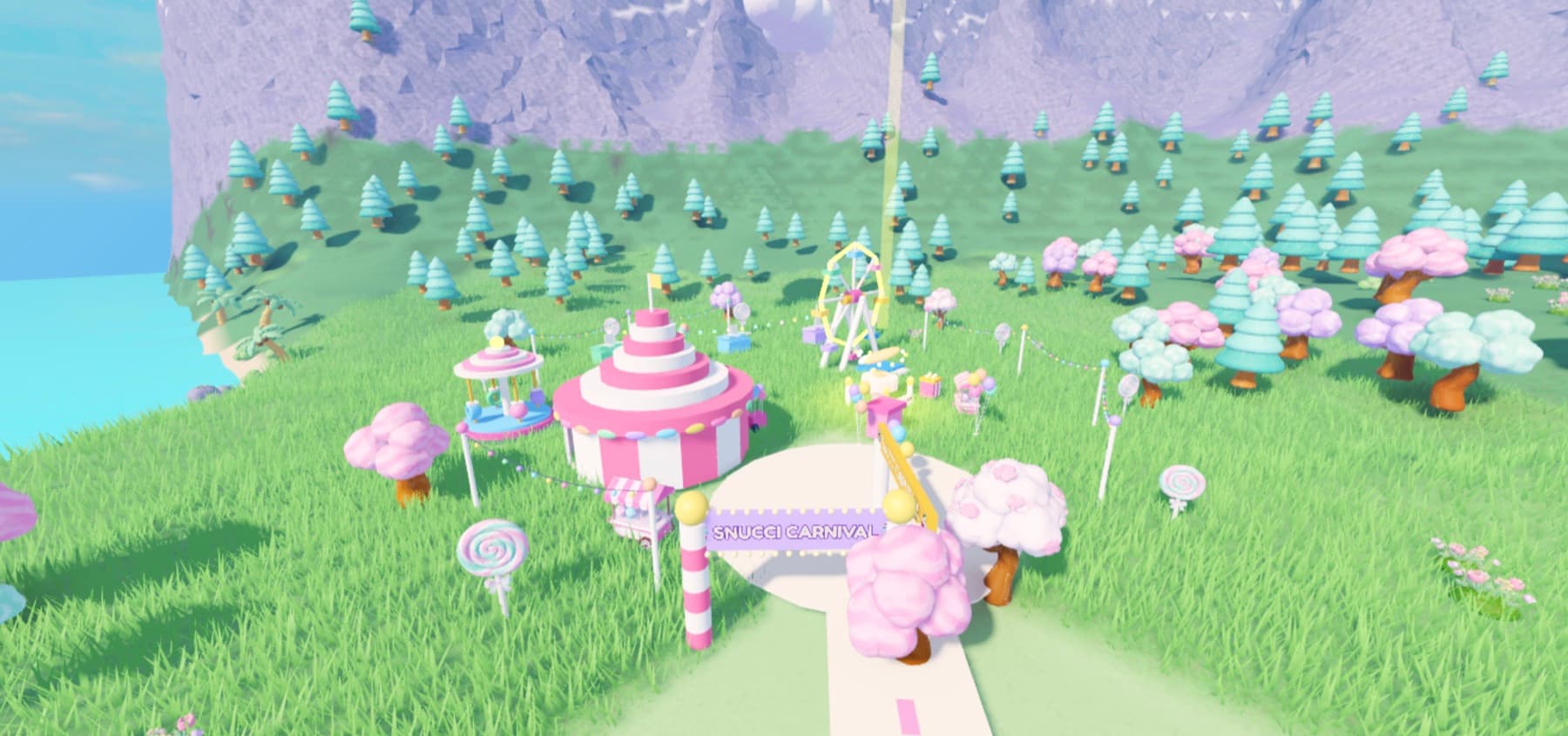 Snucci Carnival by day: a pink-and-white striped big-top tent, carousel and ferris wheel on a grassy hill with a Snucci Carnival entrance arch