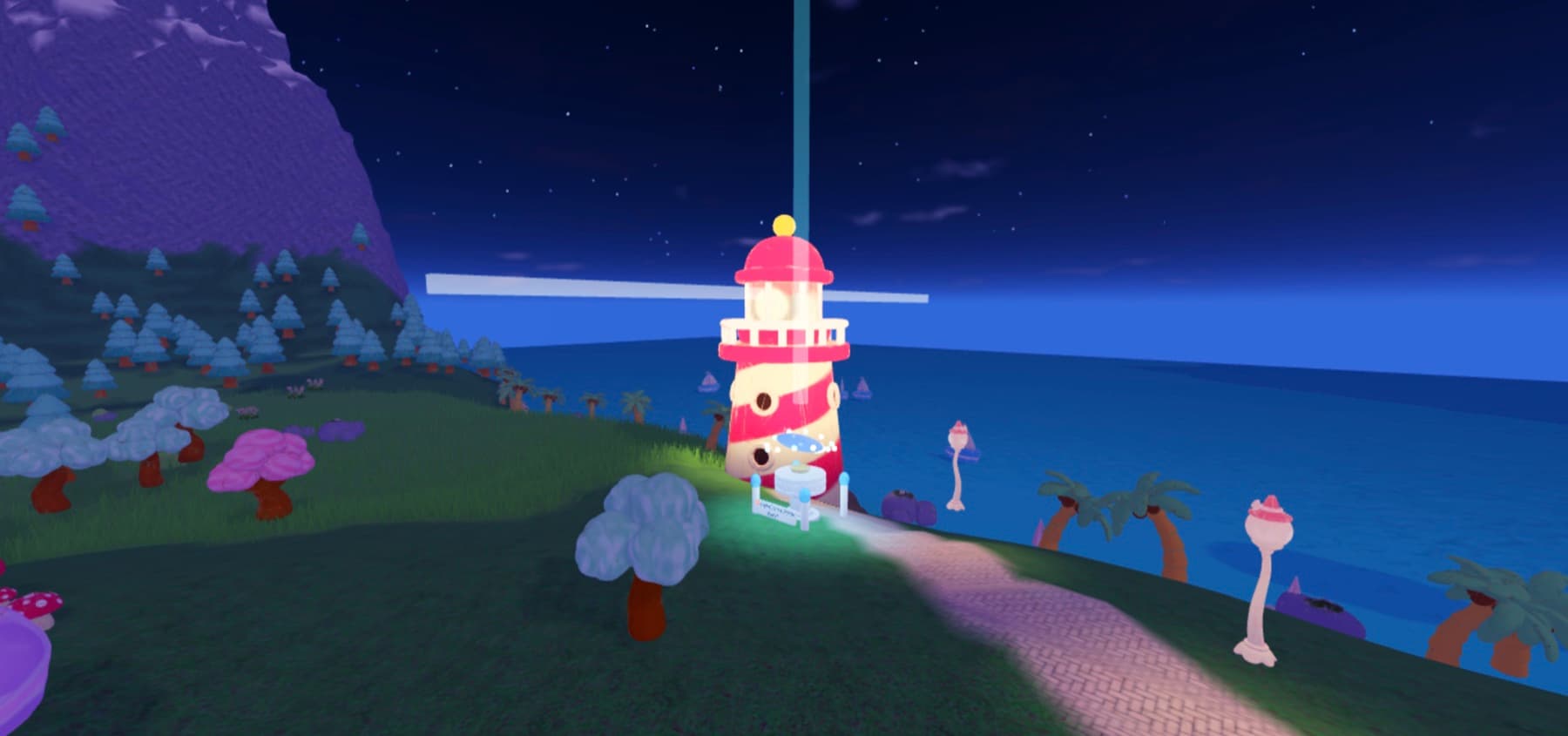 Lighthouse Point at night: the lighthouse beam sweeping across a dark blue sea under the stars, trail lamps glowing