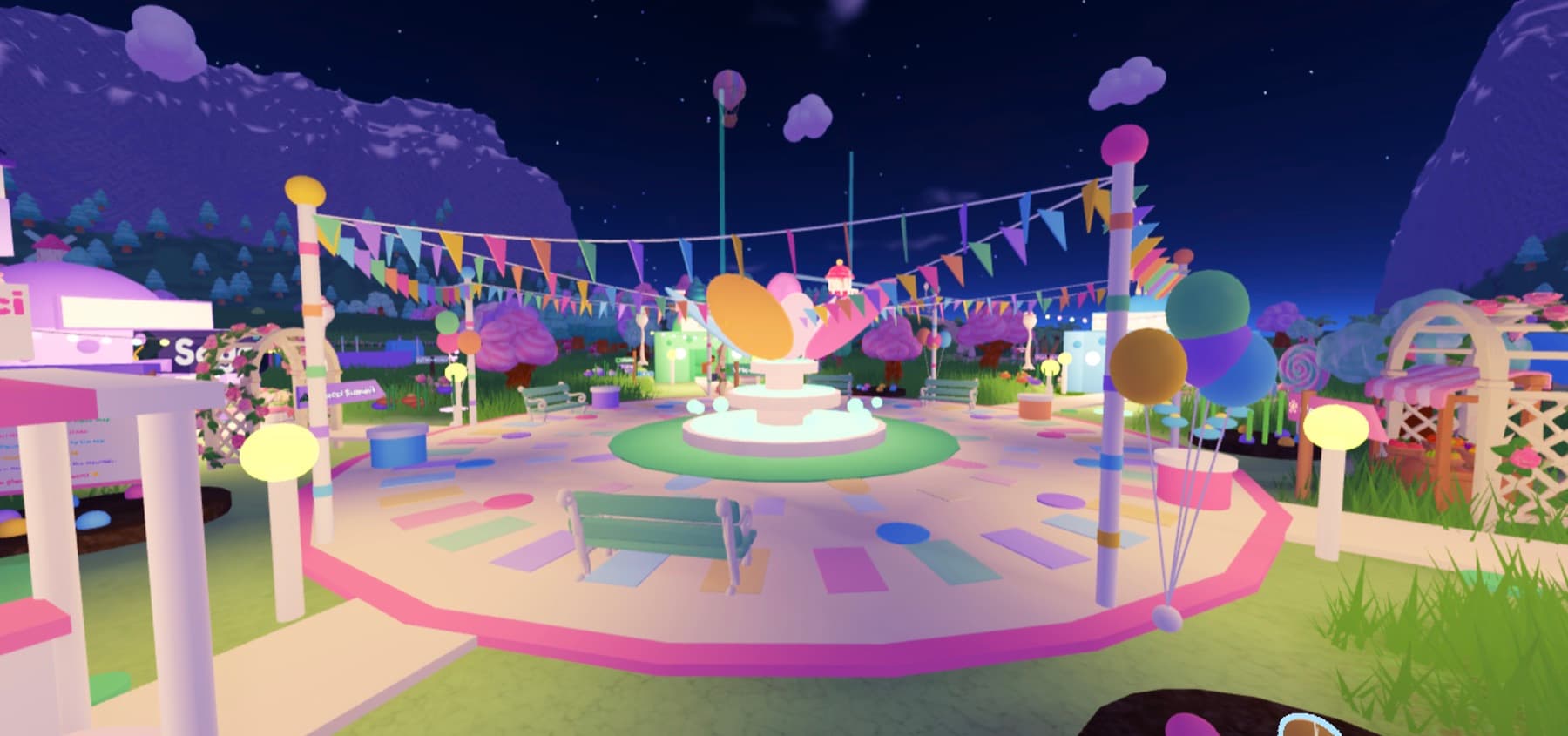 Town Plaza at night: the same plaza under a starry violet sky, lamp posts glowing and a hot-air balloon overhead